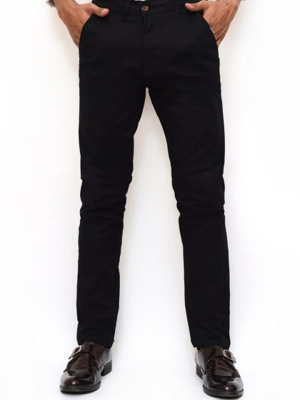 Men Black Stretch Zipper Chino Cotton Pant