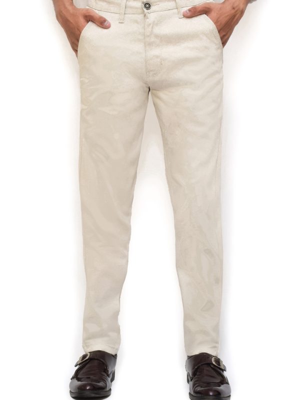 Men Off White Blue Stretch Zipper Chino Cotton Pant